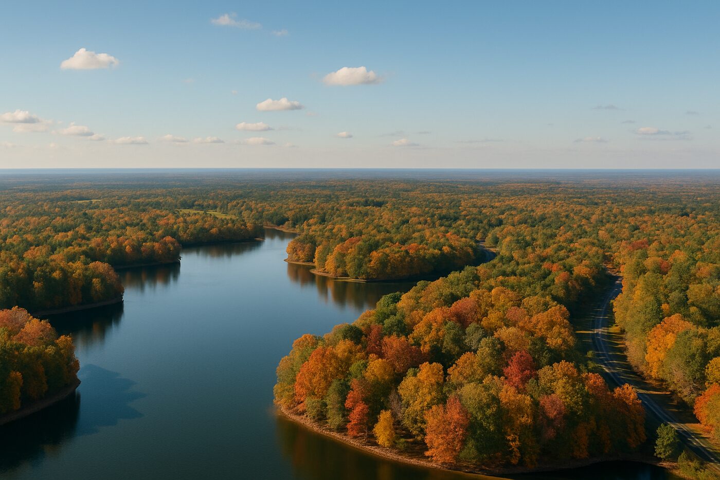 Aerial view of a lake and wooded neighborhoods in Chesterfield County, VA